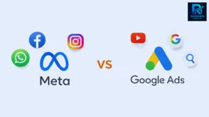 Infographic comparing Meta Ads (Facebook, Instagram, WhatsApp) and Google Ads (YouTube, Search) platforms for digital marketing strategy by Rudronix Media