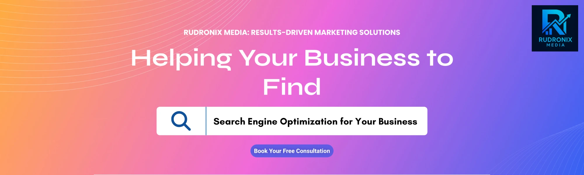 Digital marketing banner for Rudronix Media featuring a search bar with the text 'Search Engine Optimization for Your Business' on a purple and orange gradient background