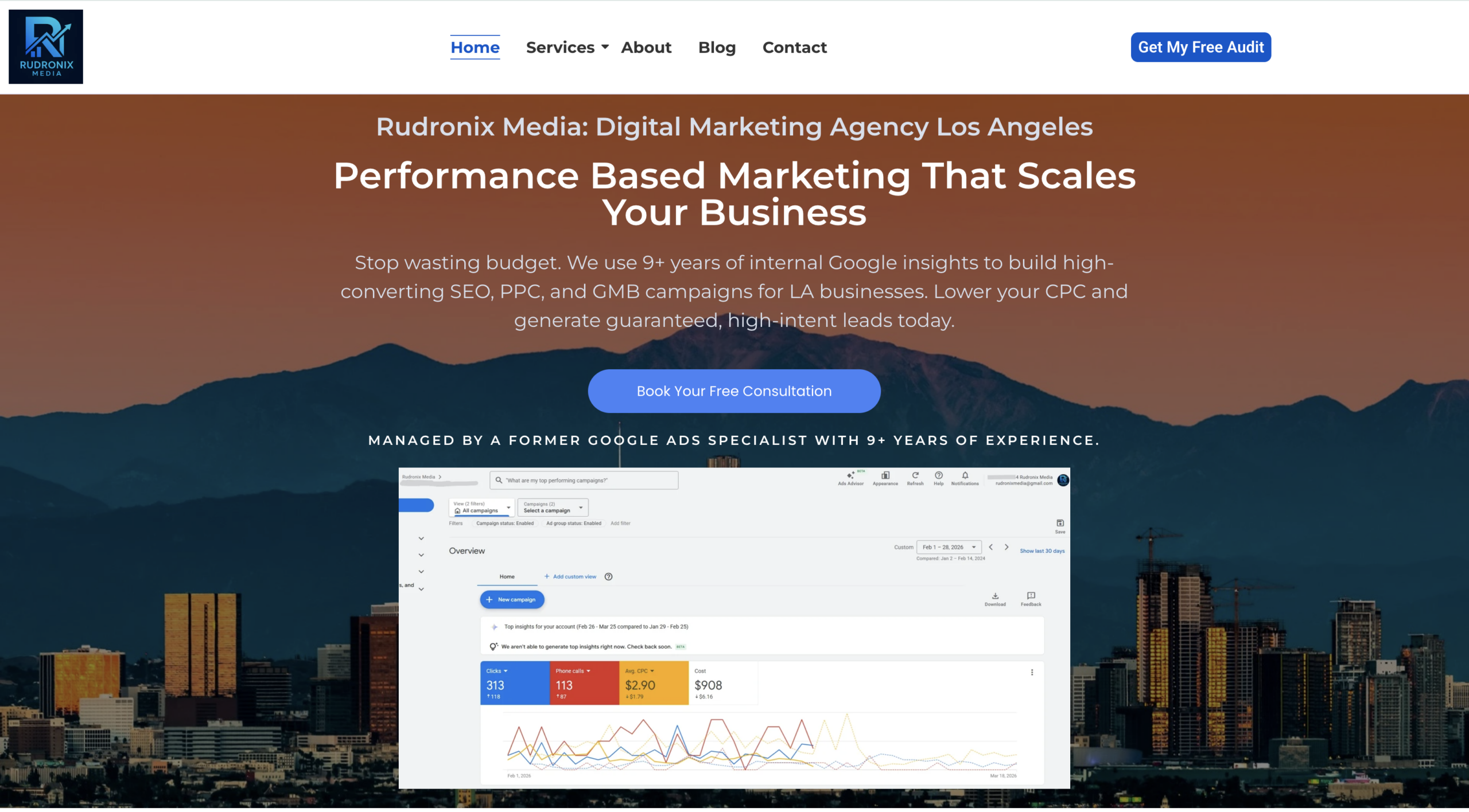 Rudronix Media, digital marketing Los Angeles agency landing page shown on desktop. Best Landing Page Practices to Increase Conversions in 2026