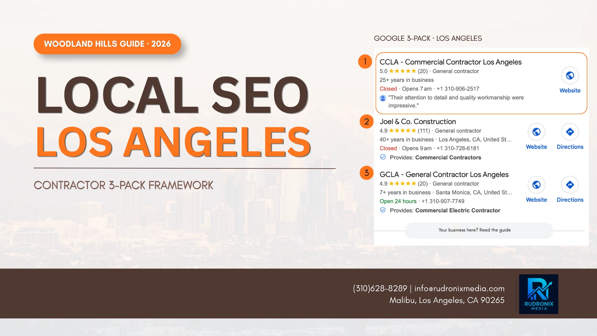 Local SEO Los Angeles 2026 contractor 3-Pack framework guide by Rudronix Media, Woodland Hills