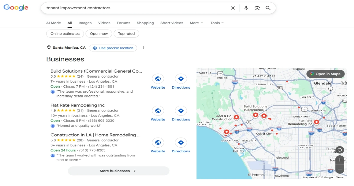 Google Map Pack showing top 3 local business listings on a Los Angeles search result page